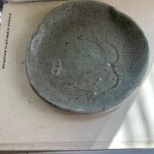 Studio Art Pottery Stoneware Green Leaf Imprint Glossy 6.5" Dish Tray Handmade